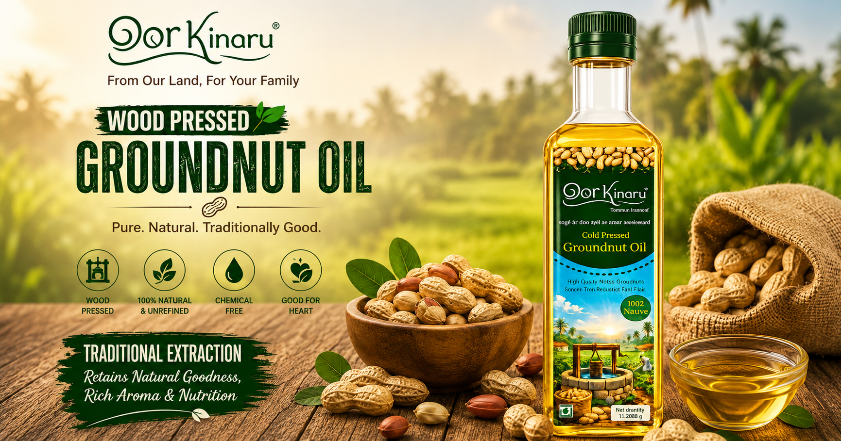 Wood Pressed Groundnut Oil – Pure, Thick & Chemical Free | Oorkinaru